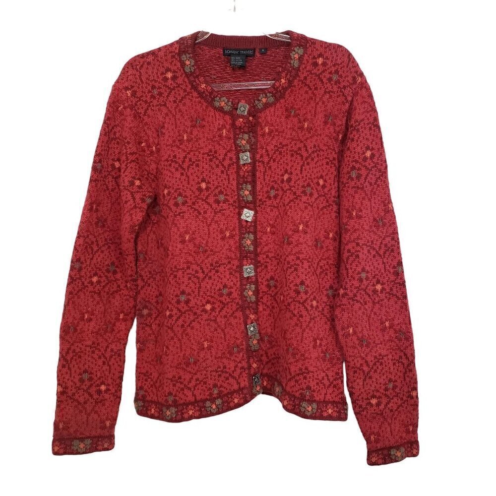Nomadic Traders Floral Cardigan Vintage Knit Nordic Sweater Womens Size Small